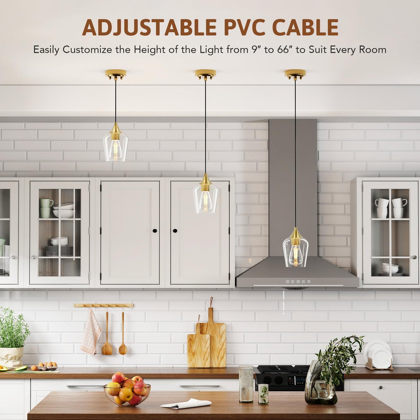 VONLUCE Pendant Light Kitchen Island, Brushed Gold Pendant Light Fixture with E26 Base & Adjustable Cable, Modern Pendant Lighting with Glass Shade for Living Room Bedroom Hallway