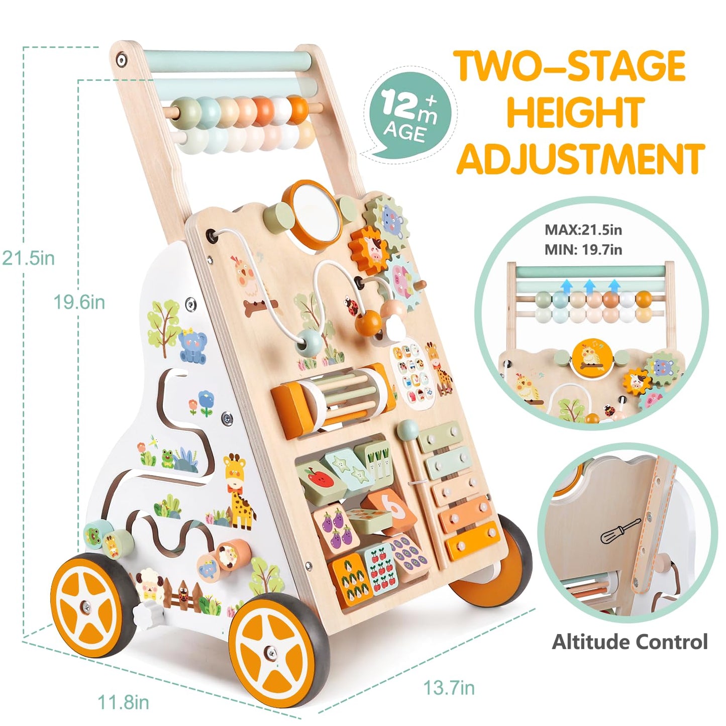Wooden Baby Walker with Wheels, Push Walker with Baby Activity Center, Montessori Walking Toy for Girls Boys, Ajustable Speed & Height Activity Toy for Toddler Learning to Walk 12+ Months (Natural)