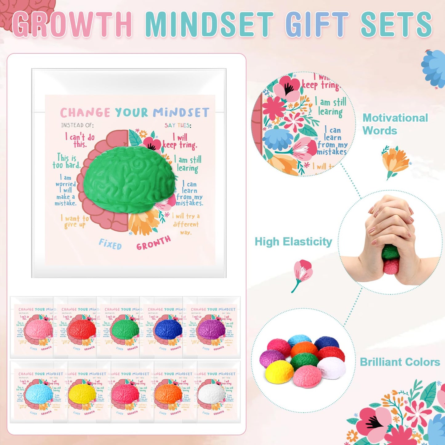 Hollowfly 50 Set Growth Mindset Gift Mini Brain Stress Balls Bulk Funny Relief Squeeze Balls Inspirational Stress Reliever Employee Appreciation Gifts for Adult Coworkers Staff Volunteer