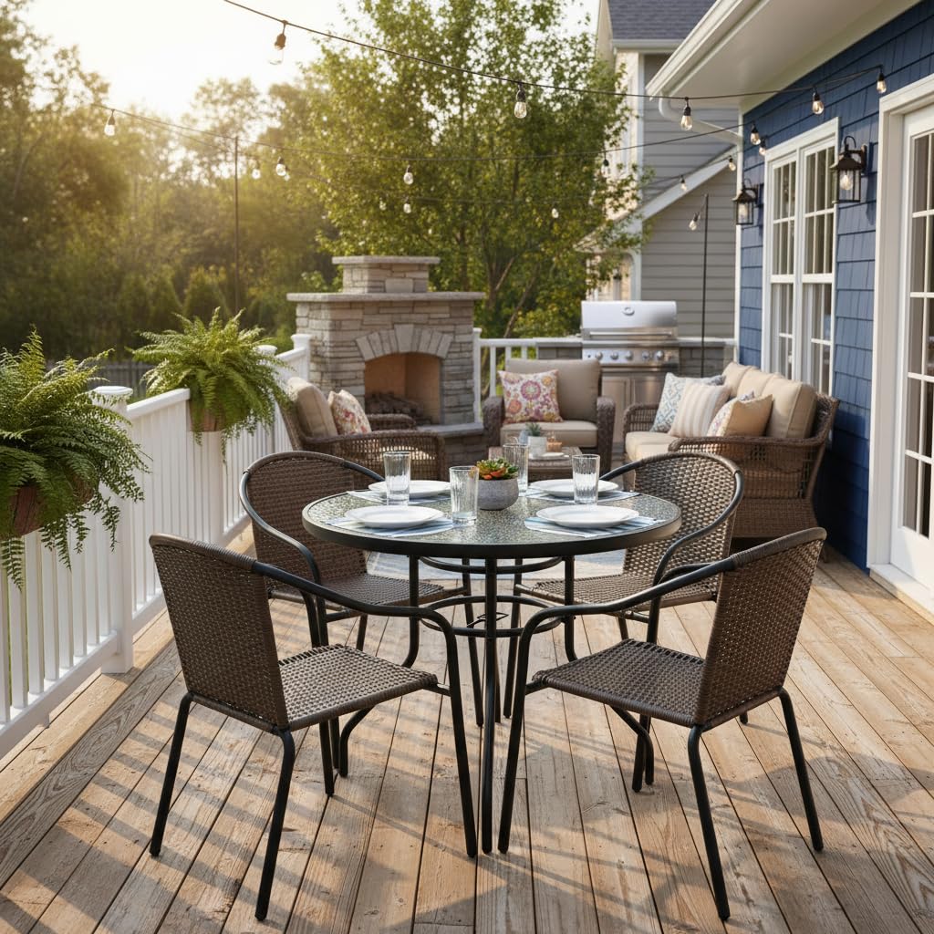 Tangkula 32" Round Outdoor Table with Tempered Glass Top, Patio Dining Table with Umbrella Hole & Metal Frame, Outside Bistro Table for Backyard, Lawn, Deck & Poolside