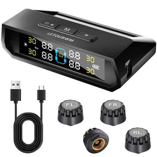 RV Tire Pressure Monitoring System (TPMS) - TPMS Sensors Set of 4 & 6 Alarm Modes, | Solar/USB Type-C | LCD Display,IP68 | for RV/Truck/SUV/MPV/Sedan | TPMS Kit
