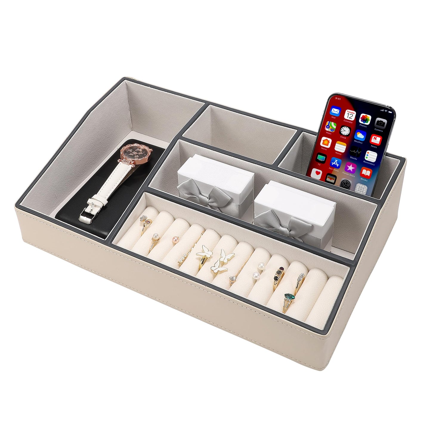 Fijxzct Faux Leather Valet Tray – 5-Compartment Desk Jewelry Trays, Phone Watch Organizer Catch-All Tray for Keys Wallet, Dresser Nightstand Office Entryway Storage (White)