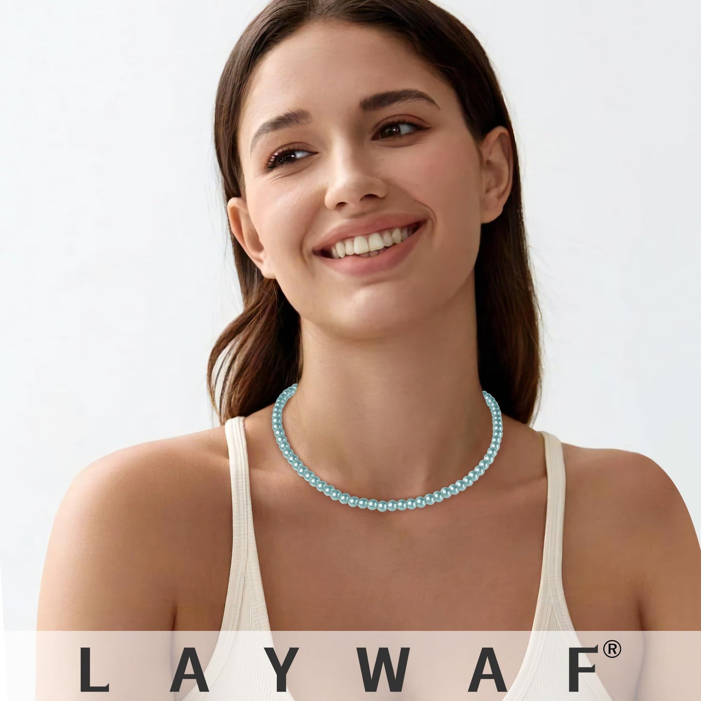 LAYWAF Imitation Pearl Necklace for Women, 6MM Blue Beaded Necklace, Fake Pearl Choker Mom Necklace, Simple Dainty Costume Pearl Jewelry, Faux Pearl Accessories for Wedding Bride