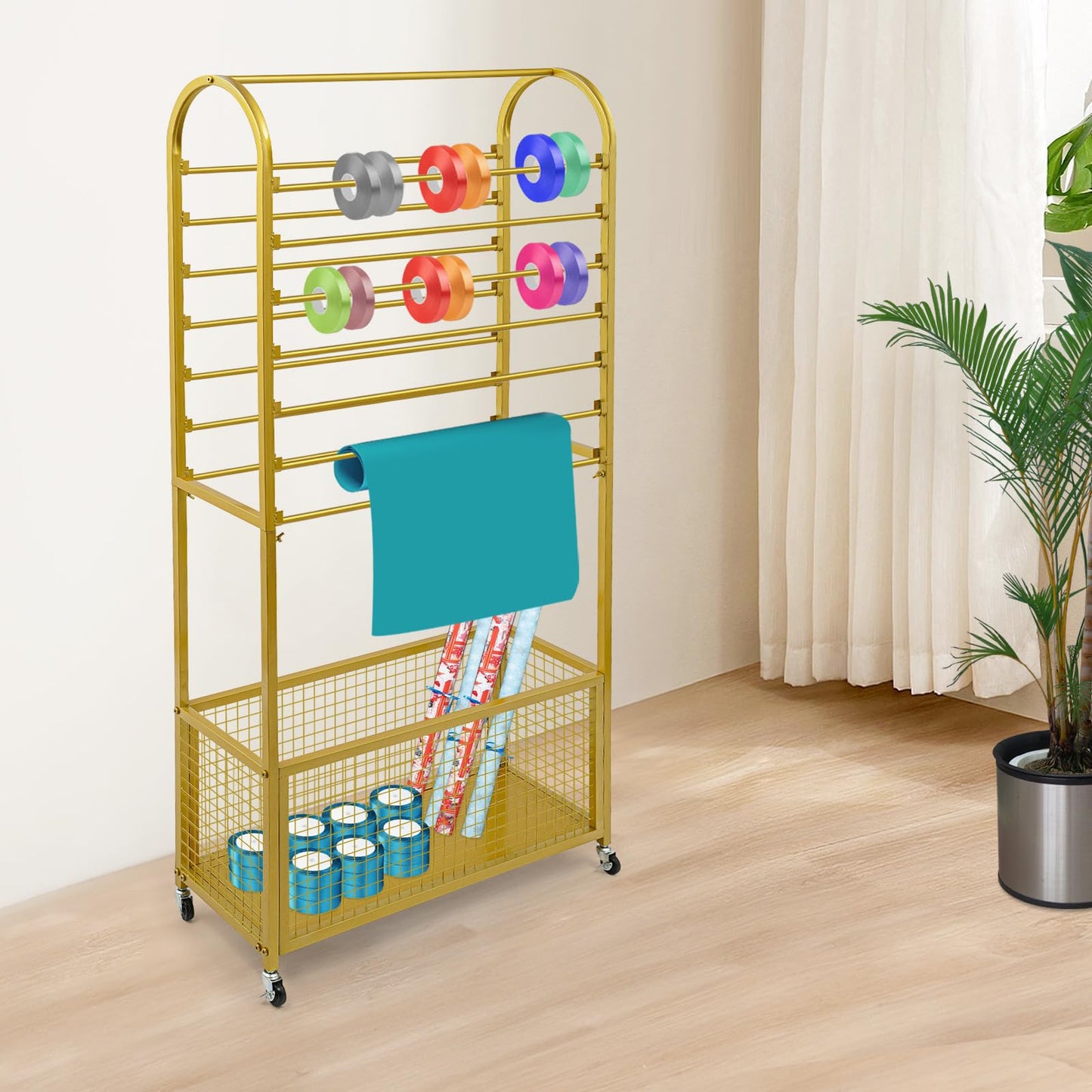 JOMCYDM Black Double-Sided Vertical Ribbon Holder Organizer Rack with Wheels 15 Rod Metal Ribbon Storage Organizer Rack for Fabric Craft Room Wrapping Paper (Gold)