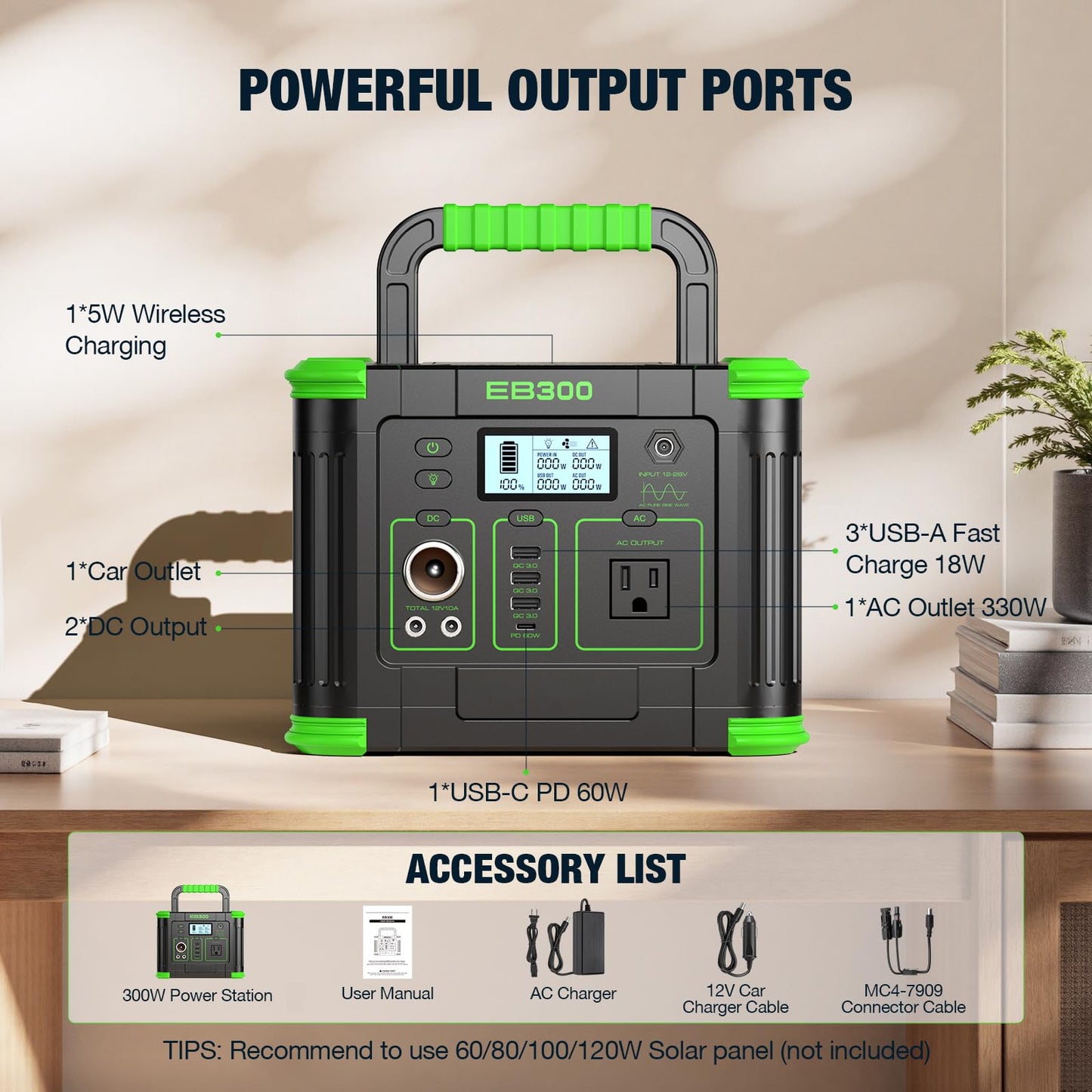 Portable Power Station 330W, 288.6Wh Solar Generator with 60W USB-C PD Output, 110V Pure Sine Wave AC Outlet, 5W Wireless Charging, 330W Backup Lithium Battery for Outdoor Camping Travel Hunting Home