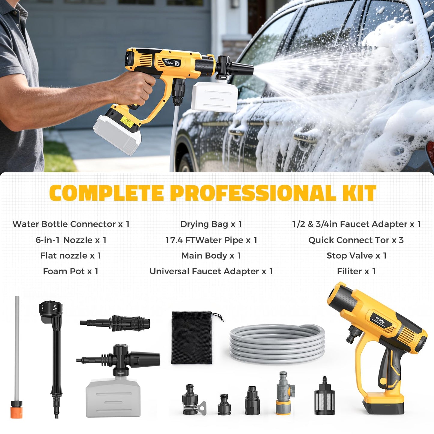 Ecarke Portable Car Cleaning Tool Compatible with Dewalt 20V Battery, 6-in-1 Nozzle & Foam Cannon, 3-Speed Adjustment, 5m Hose, Brushless Motor for Car Floor, Patio, Fence (Battery NOT Included)