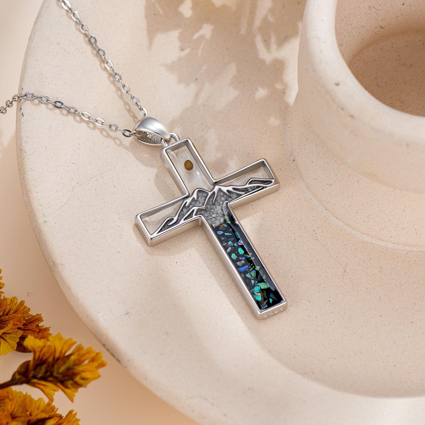 Suiknsn Mustard Seed Necklace 925 Sterling Silver Abalone Mountain Necklace Faith Cross Pendant Christian Jewelry Hiking Gifts for Women Mom