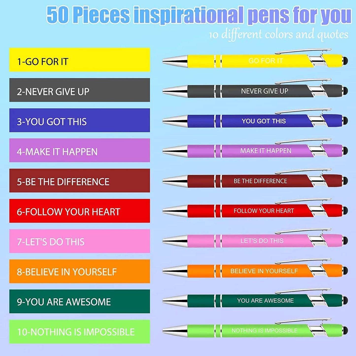 Greengines 50 Pieces Inspirational Pens, Motivational Ballpoint Pen with Stylus Tip Funny Ink Pens Bulk Inspirational Gifts for Women Coworkers Office Supplies Black Ink