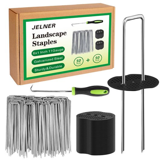 JELNER Garden Stakes,6 Inch 11 Gauge 50pcs Galvanized Landscape Staples + 50pcs Gaskets + 1Pick Hook,Tent Stakes Landscaping Fabric SOD Pins for Weed Fabric Barrier,Groud Cover,Fence