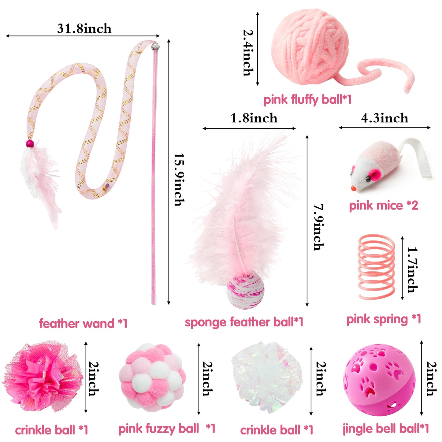 MALLMALL6 10Pcs Cat Toy Set Interactive Cat Toys Pack Including Feather Teaser Wand Cat Springs Mice Crinkle Balls and Pet Bell Balls, Puzzle Toys for Indoor Cats Gift (Pink)