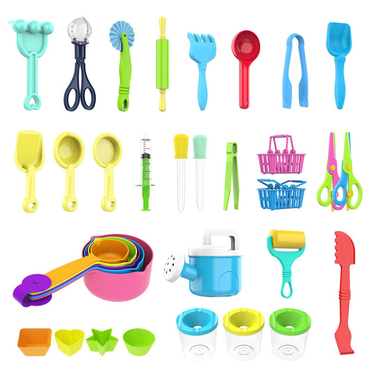 34PCS Sensory Bin Filler Tools,Fine Motor Skills Handy Sensory Bin Scooper Set with Scoops,Tweezers,Beach Shovels,Kettle,Rake,Sensory Table Bin Accessories for Counting Sorting Hammering Pounding
