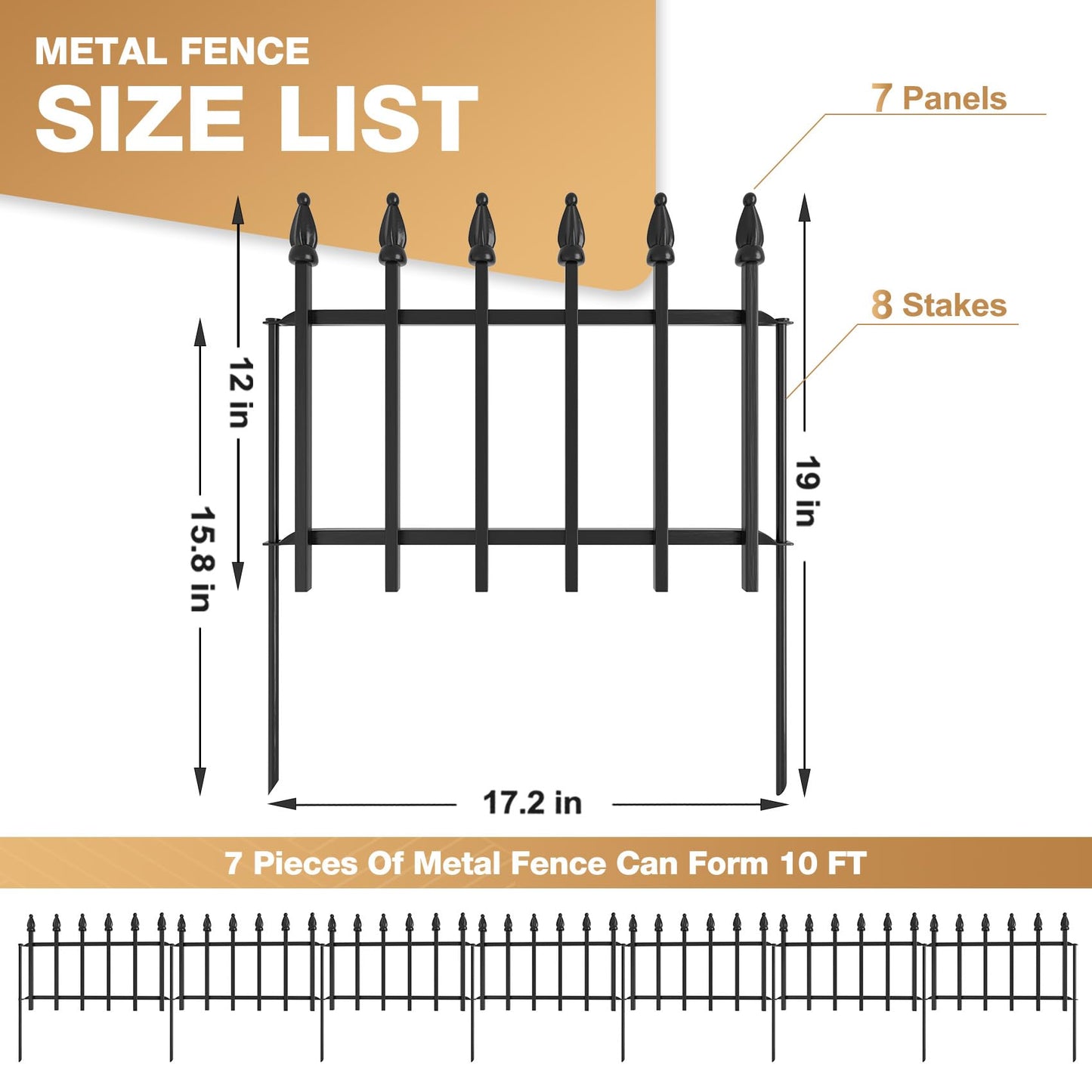 LATIHUUM Decorative Garden Fence 10ft (L) x 19in (H) - 7 Panels Heavy Duty Garden Fencing Animal Barrier Rustproof Metal Fence Border for Outdoor Yard & Flower Bed Decor