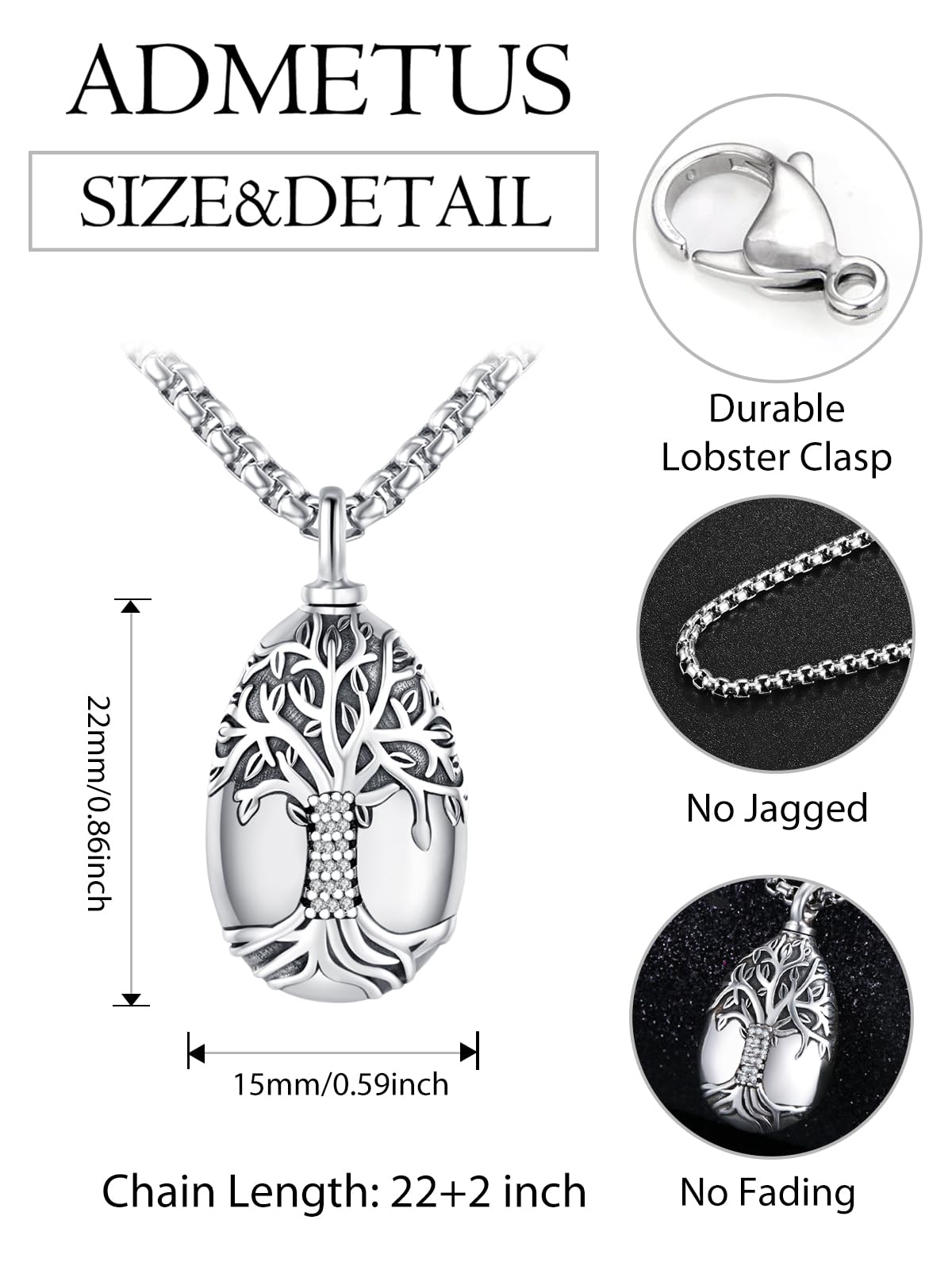 ADMETUS Urn Necklace for Ashes Sterling Silver Tree of Life Urn Pendant Jewelry Teardrop Cremation Jewelry for Ashes for Men Memorial Gifts