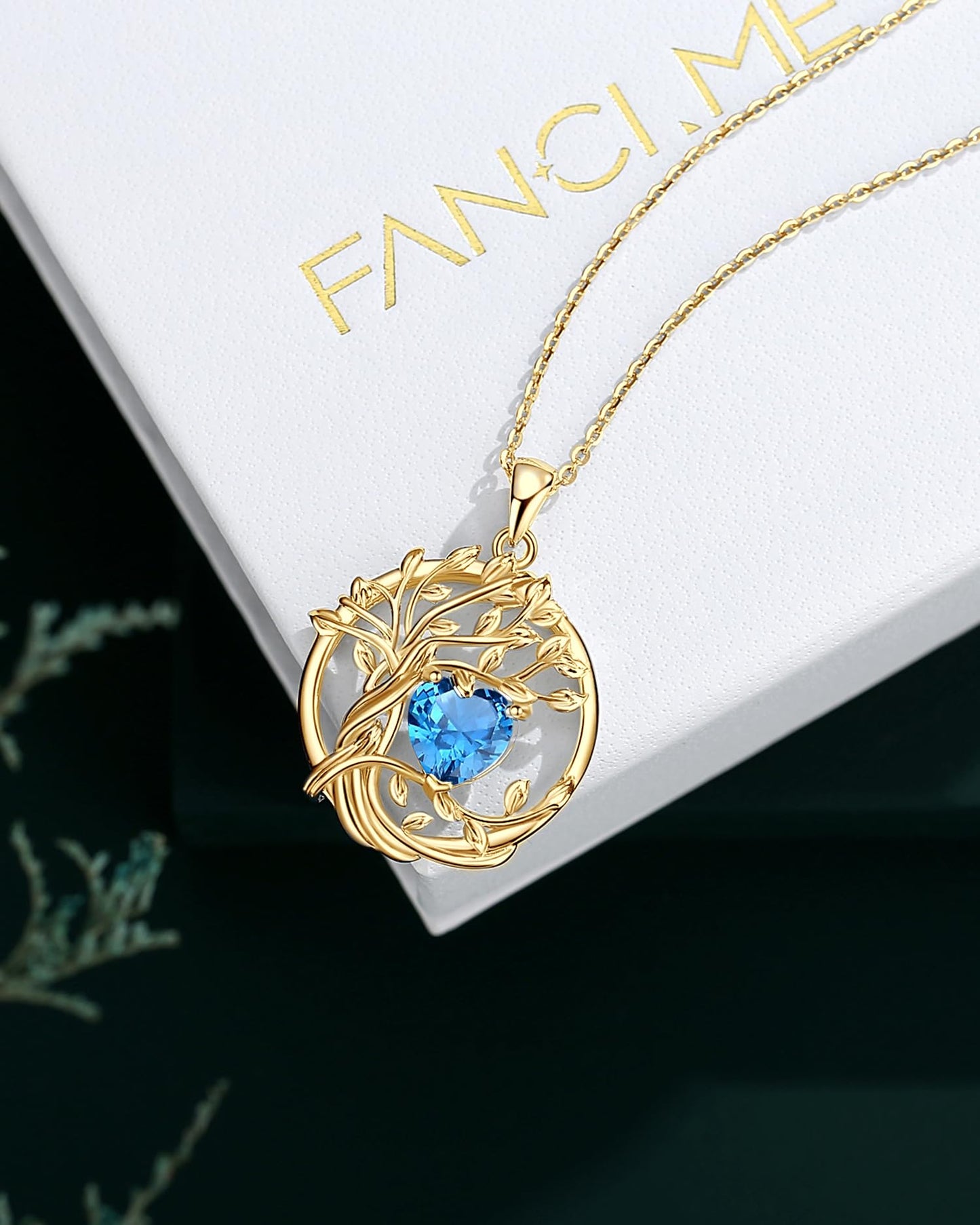 FANCIME Tree of life December Birthstone Necklace for Women Sterling Silver Yellow Gold Plated London Blue Topaz Pendant November Birthday Jewelry Mothers Day Gifts for Wife Mom Her