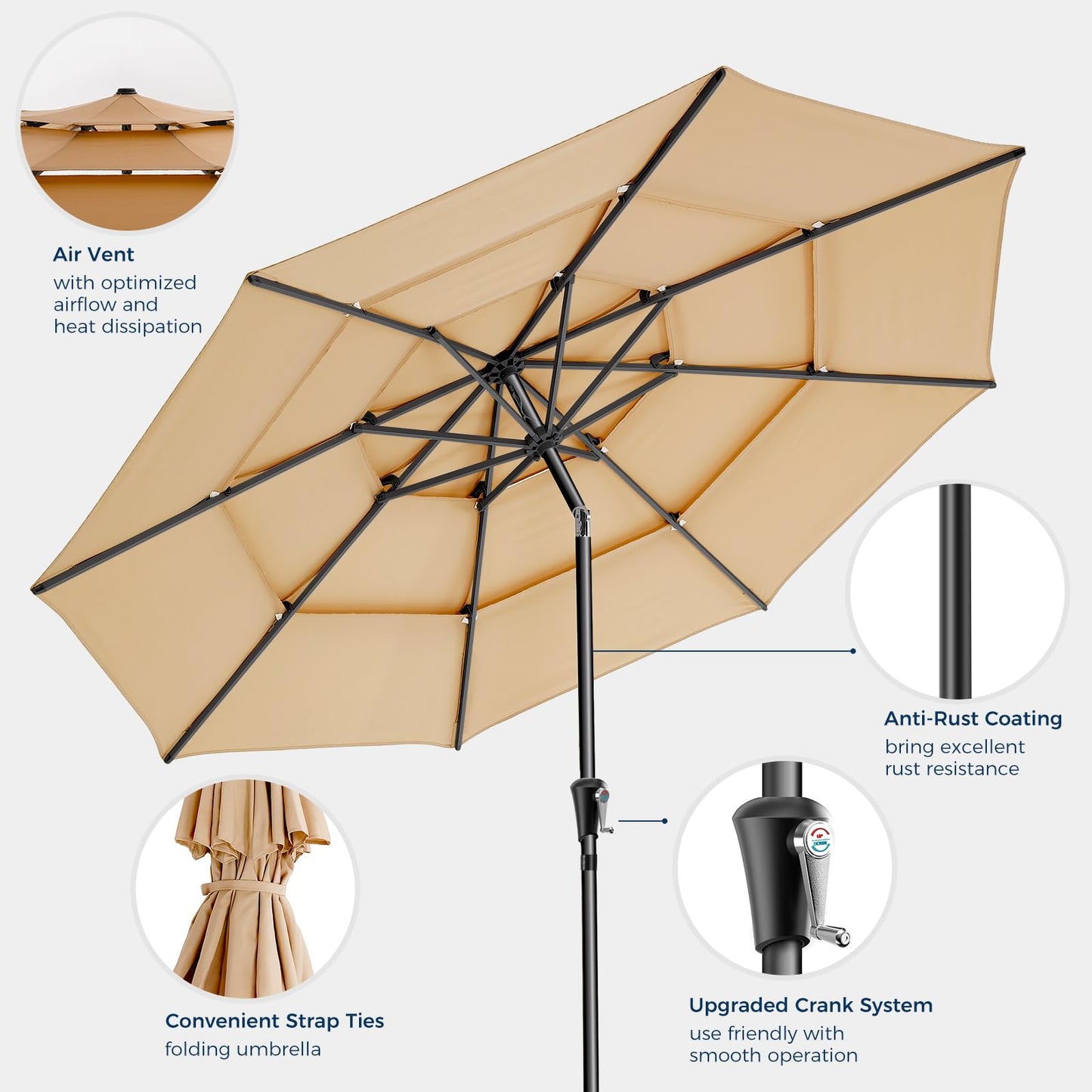 HOMSHADE 9FT 3-Tiers Outdoor Patio Umbrella with 5-Year Fade Resistant,Vented Outdoor Commercial Market Umbrella with UPF50+ UV Protection & Push Button Tilt and Crank for Pool,Backyard(Beige)