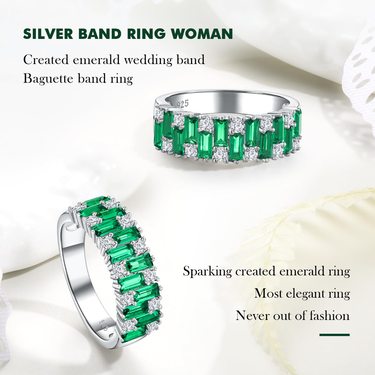RANDES Emerald Baguette Band Rings for Women 7mm Wide Band Emerald Ring 925 Sterling Silver Green Ring Half Eternity Wedding Band Size 10
