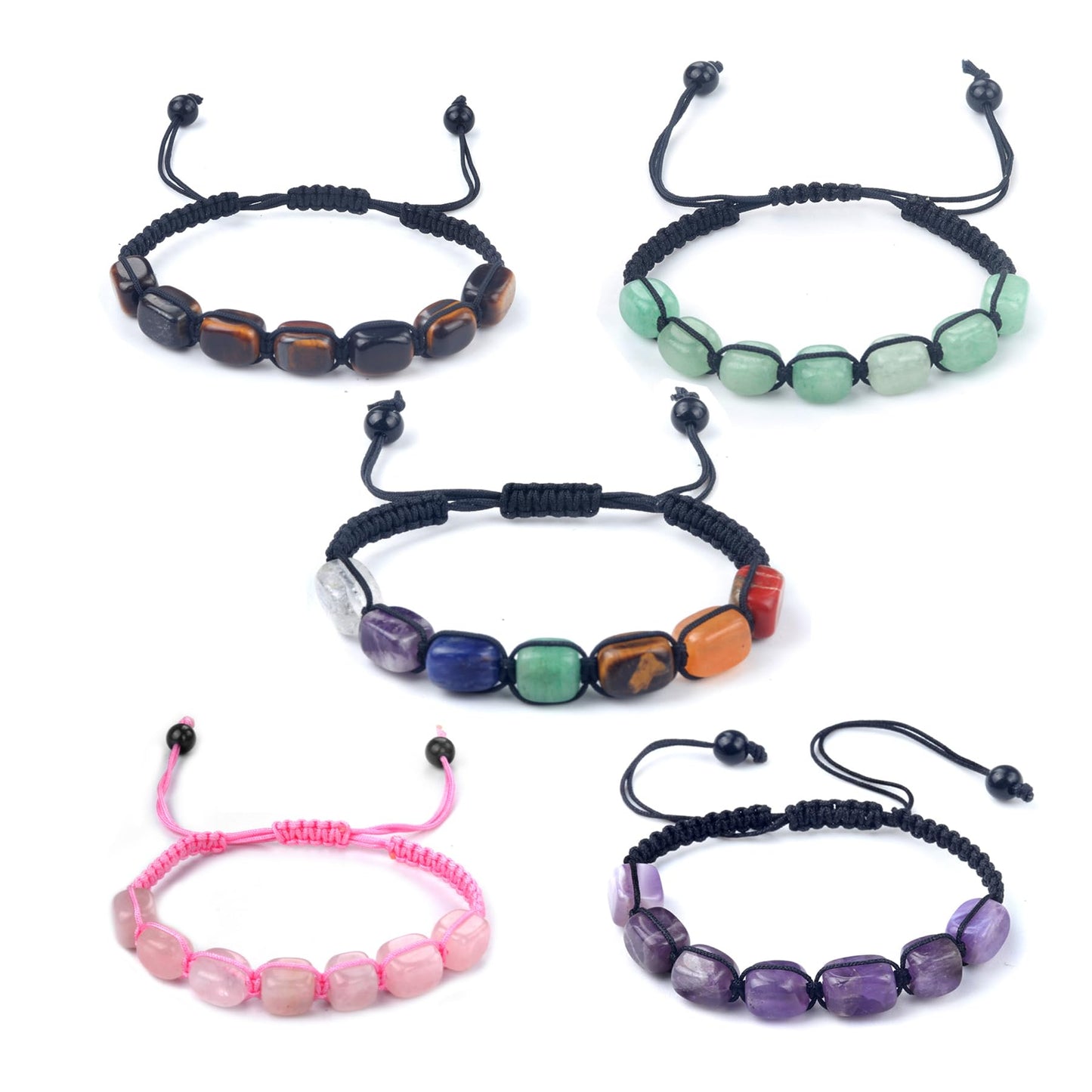 LE SKY Natural Crystal Bracelets Adjustable Hand Woven Rope Healing Chakra Gemstone Beads Bracelet for Yoga Energy Jewelry 5 Strands