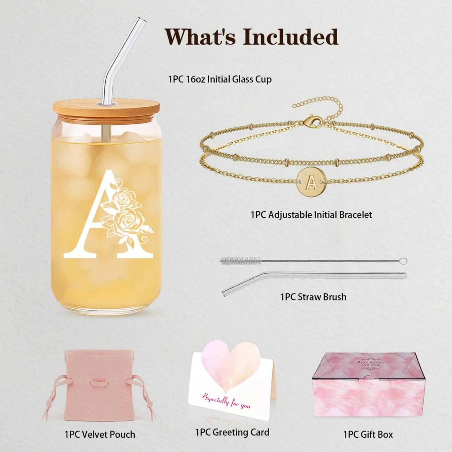 DAMCONME Friendship Gifts for Women, Initial Glass Cup and Bracelet Gift Set, Personalized Ready to Gift Letter Gift for Bestie, Women Friends and Special Occasions