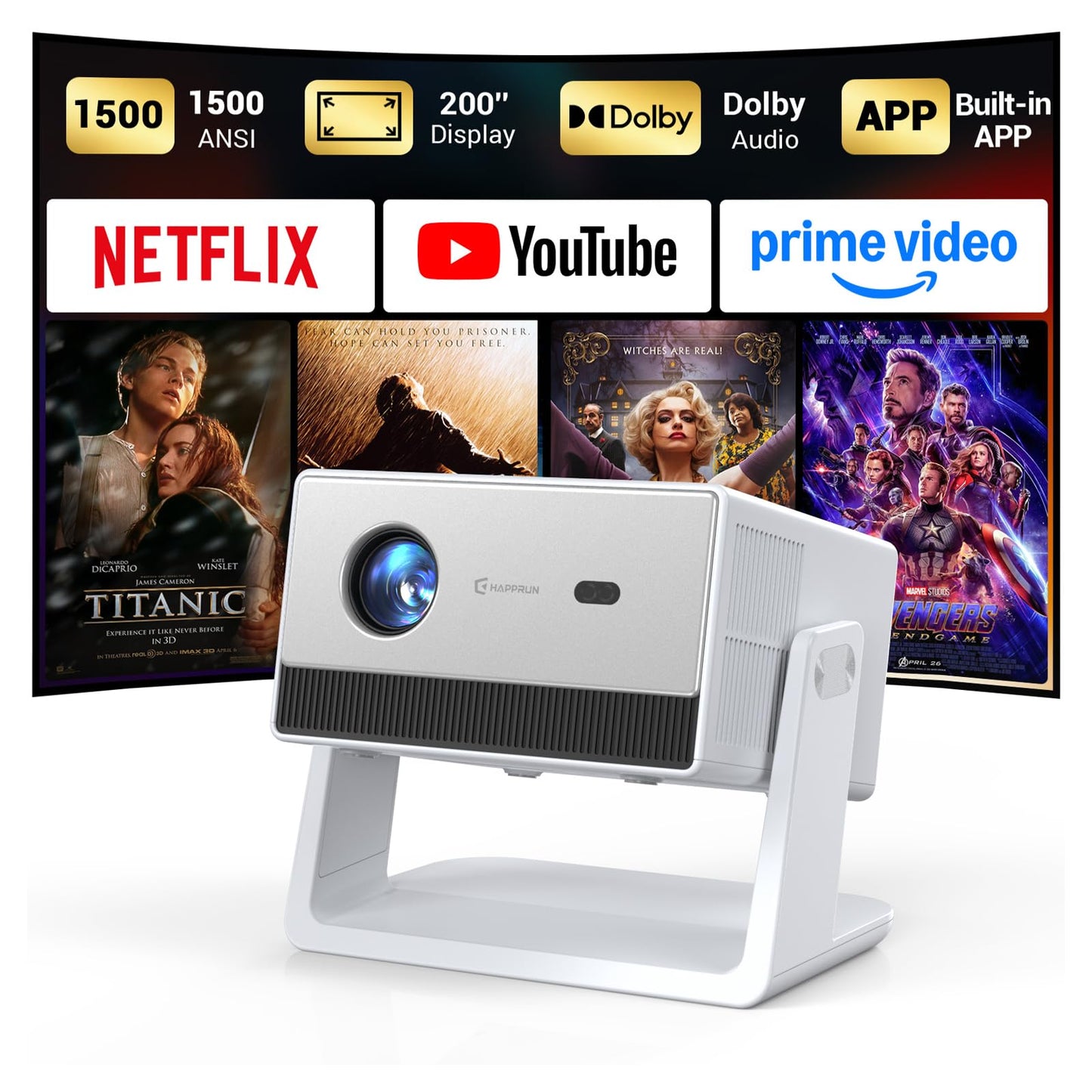 Mini Smart Projector, 1500 ANSI Portable Projector with WiFi and Bluetooth, HAPPRUN 4K Full HD Home Theater with 270° Stand, Dolby Sound, Built-in Apps,Compatible with Phone & PC, Indoor & Outdoor Use