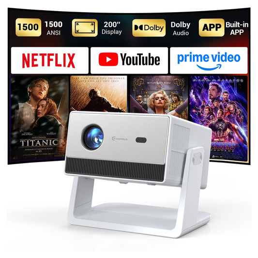 Mini Smart Projector, 1500 ANSI Portable Projector with WiFi and Bluetooth, HAPPRUN 4K Full HD Home Theater with 270° Stand, Dolby Sound, Built-in Apps,Compatible with Phone & PC, Indoor & Outdoor Use