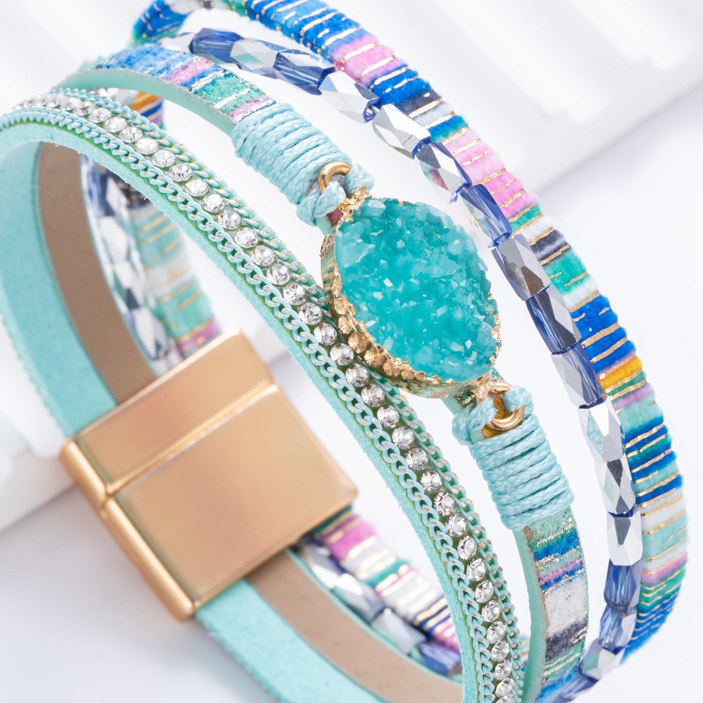 FANCY SHINY Boho Leather Wrap Bracelet Stackable Chunky Crystal Cuff Bracelets with Magnetic Clasp Cowboy Cowgirl Western Summer Beach Outfits Jewelry Gifts for Women (7.7", Boho Blue)