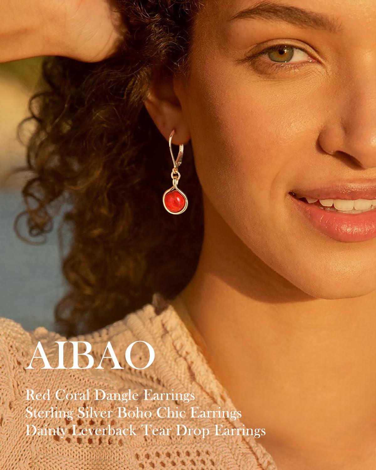 AIBAO Red Coral Earrings for Women Round Cut Red Gemstone Leverback Earrings Western Boho Jewelry Sterling Silver Coral Dangle Earrings