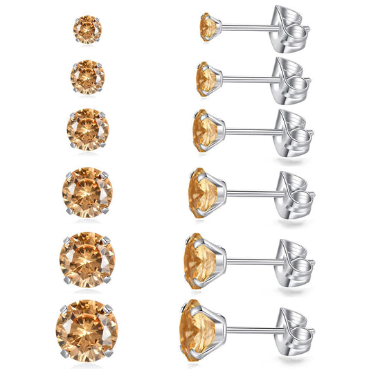 6 Pairs Stud Earrings Set, Hypoallergenic Cubic Zirconia Earrings 316L Stainless Steel CZ Earrings 3-8mm (Champagne CZ)