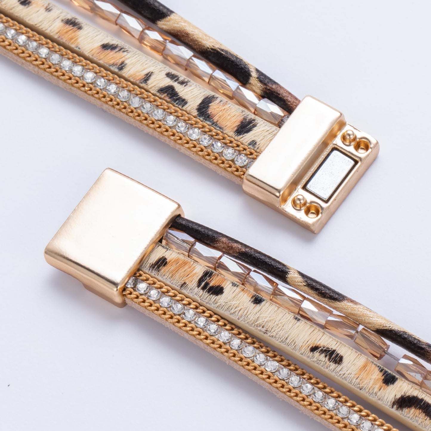 FANCY SHINY Boho Leather Wrap Bracelet Stackable Chunky Crystal Cuff Bracelets with Magnetic Clasp Cowboy Cowgirl Western Summer Beach Outfits Jewelry Gifts for Women (7.7", Leopard)