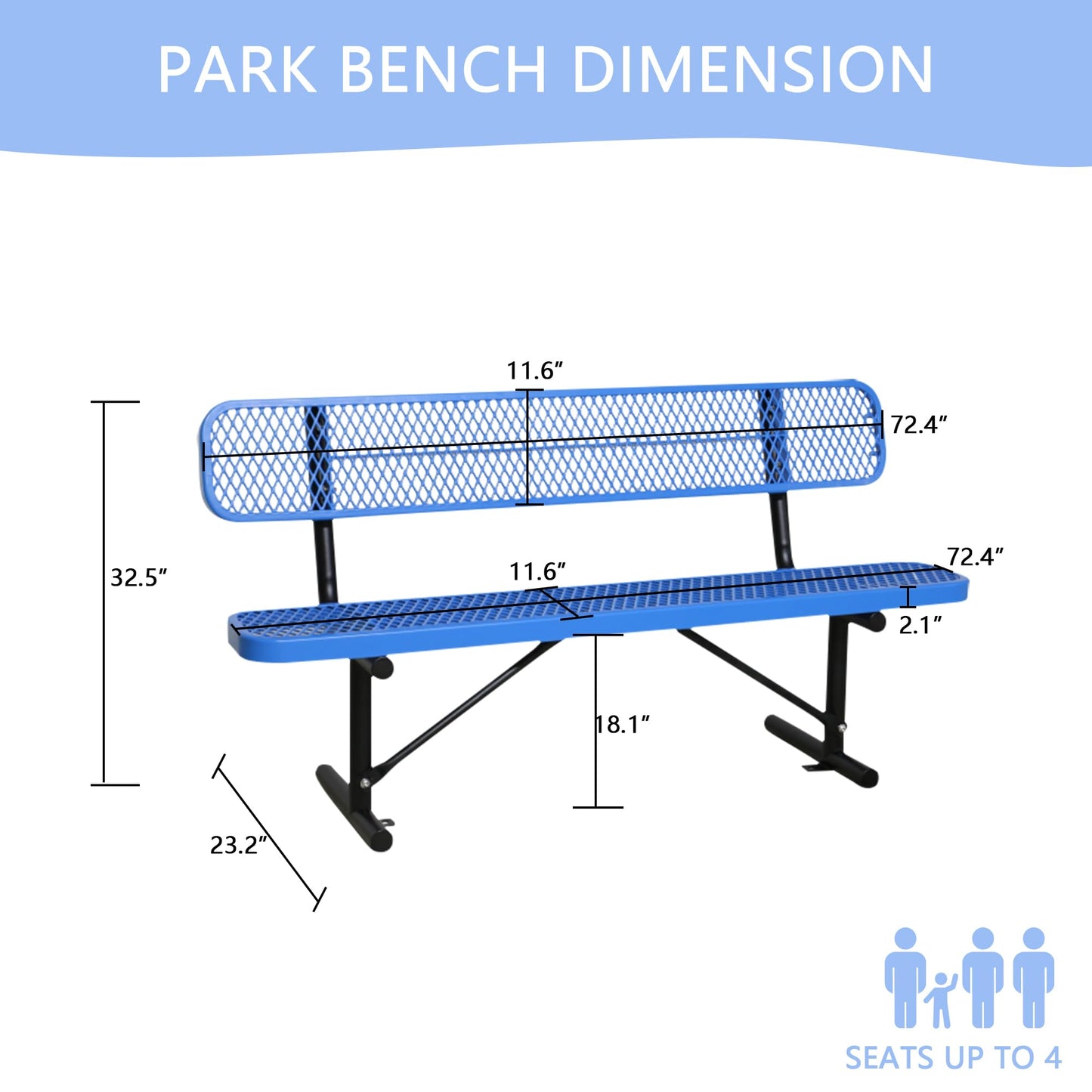 Congfutt 6 Ft Metal Park Bench for Outside, All-Weather Thermoplastic Coating Outdoor Bench with Backrest, Commercial Heavy Duty Benches for Shopping Malls, Stores, Parks, Patios, Decks, Blue
