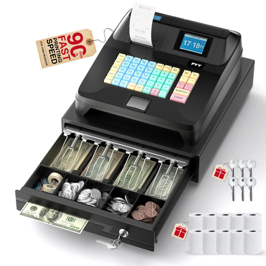 PYY Cash Register for Small Businesses - Electronic Commercial Caja Registradora para Negocio with Black Locked Cash Drawer Box, 8 Digital Dual Display, 48 Keys, Restaurant Supermarket Retail System
