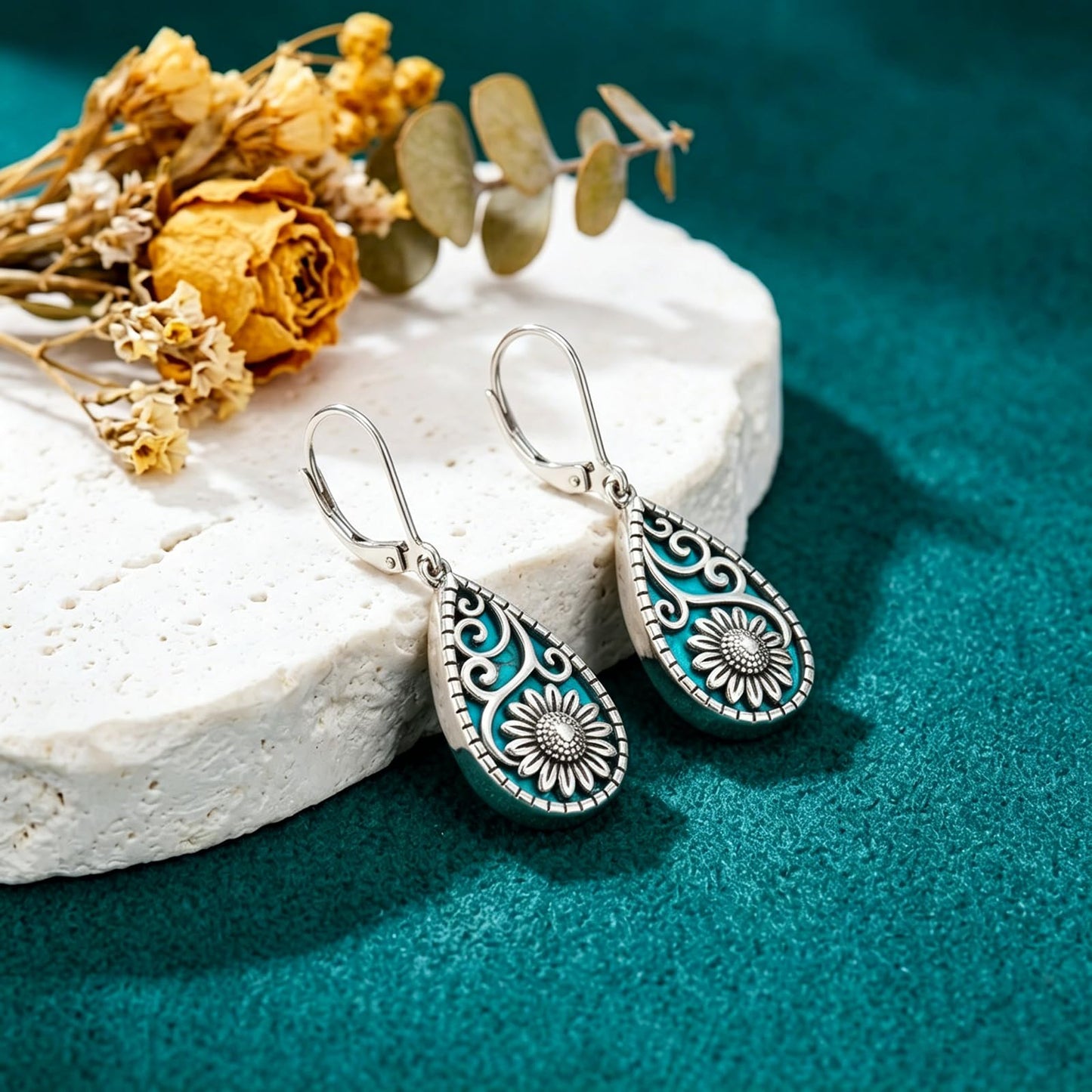 Eetaitai Turquoise Sunflower Earrings for Women 925 Sterling Silver Turquoise Dangle Drop Leverback Earrings Vintage Western Jewelry Mothers Day Gifts for Mom Wife Sister