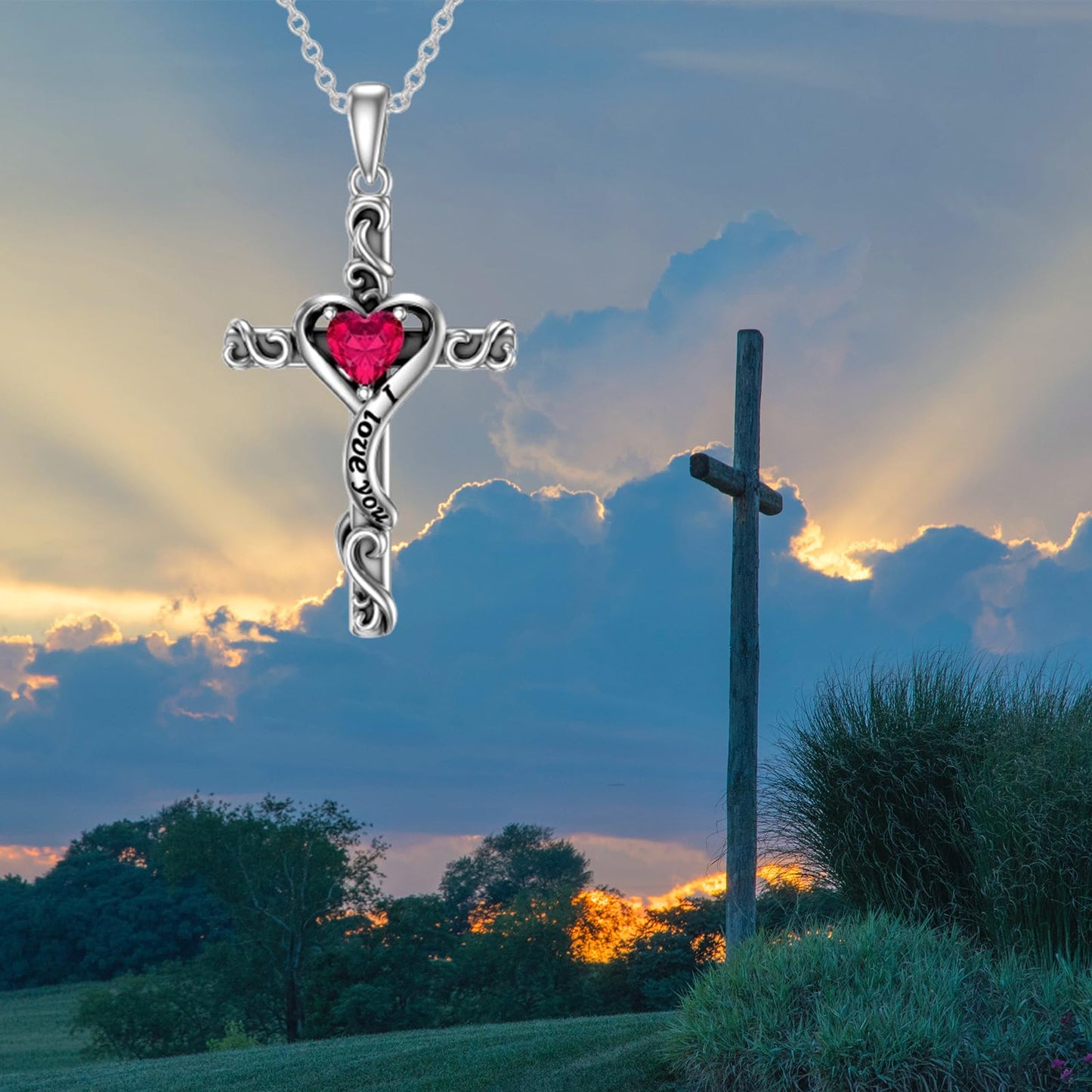 TOUPOP Ruby Cross Necklace for Women Sterling Silver July Birthstone Cross Pendant Necklace Heart Love Jewelry for Her Girlfriend Wife Mom Anniversary Birthday Mothers Day Gifts