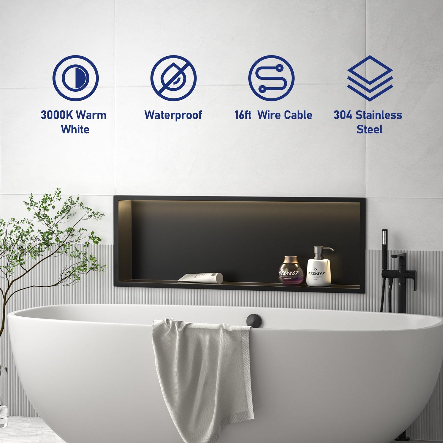 Bernkot Led Shower Niche 36" X 12" Matte Black 304 Stainless Steel with Lighting IP66 Waterproof Recessed Bathroom Wall Niches Shelf No Tile Need Shower Niche for Bathroom