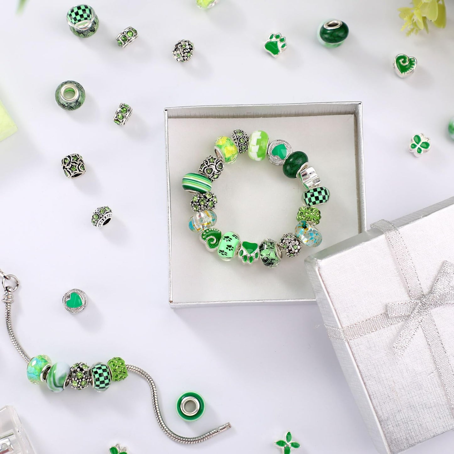 Hicarer 80 Pcs Assorted European Large Hole Beads, Spacer Glass Beads Rhinestone Metal Macrame Charms Supplies for DIY Crafts Bracelets Necklaces Jewelry Making(Green)