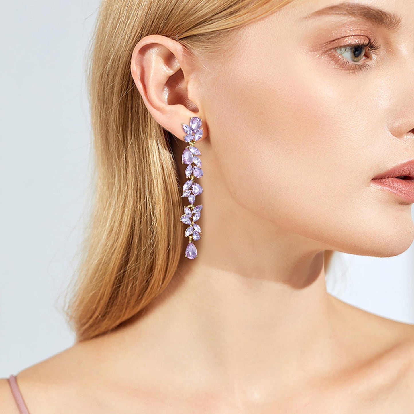 EVER FAITH Wedding Rhinestone Chandelier Dangle Earring for Women, Crystal Art Deco Bridal Teardrop Marquise Long Drop Earrings for Prom Light Purple Gold-Plated-Base