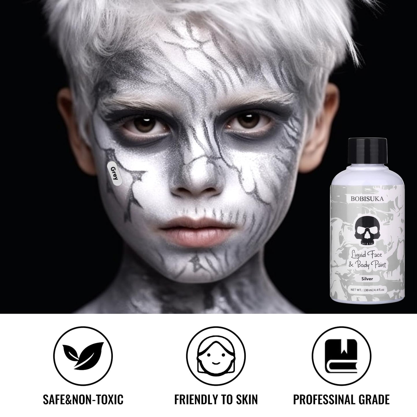 BOBISUKA Silver Face Body Paint Liquid Texture Washable Non Toxic Facepaint Fast Drying Metallic Silver Foundation Makeup for Halloween Cosplay SFX Costume Party Large Capacity(130ml)