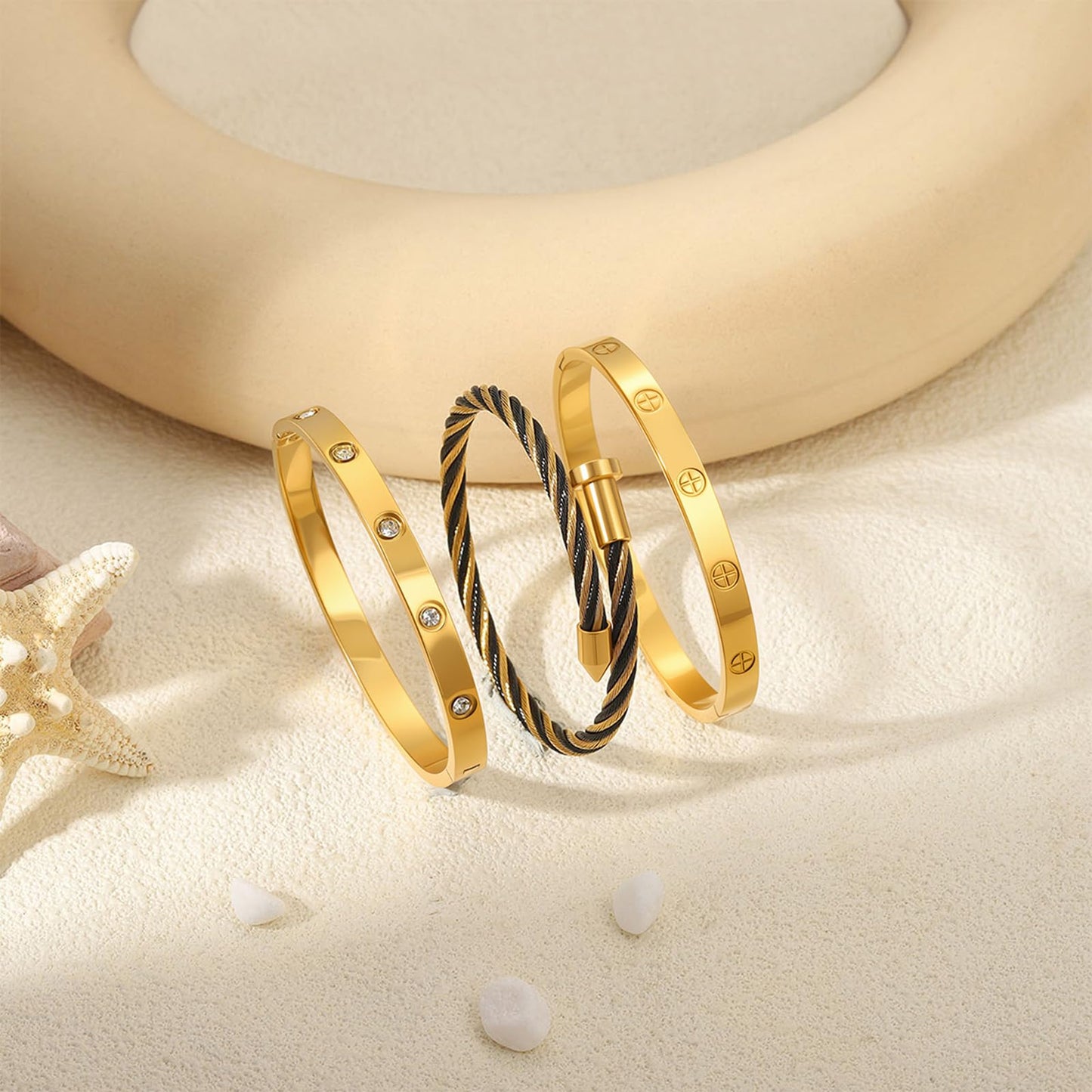 Camhanno Gold Bracelets for Women - Stackable Bangles with Friendship & Love Theme - Stainless Steel Jewelry Gift for Her (Style 10)