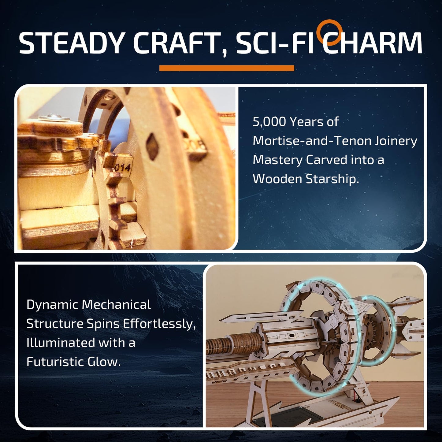 3D Wooden Puzzles for Adults,3D Puzzles for Adults – Wooden DIY Starship with LED & Gears,Unique Adult Puzzle Gift for Teens & Puzzle for Adults, Sci-Fi Collectible with Mechanical Fun