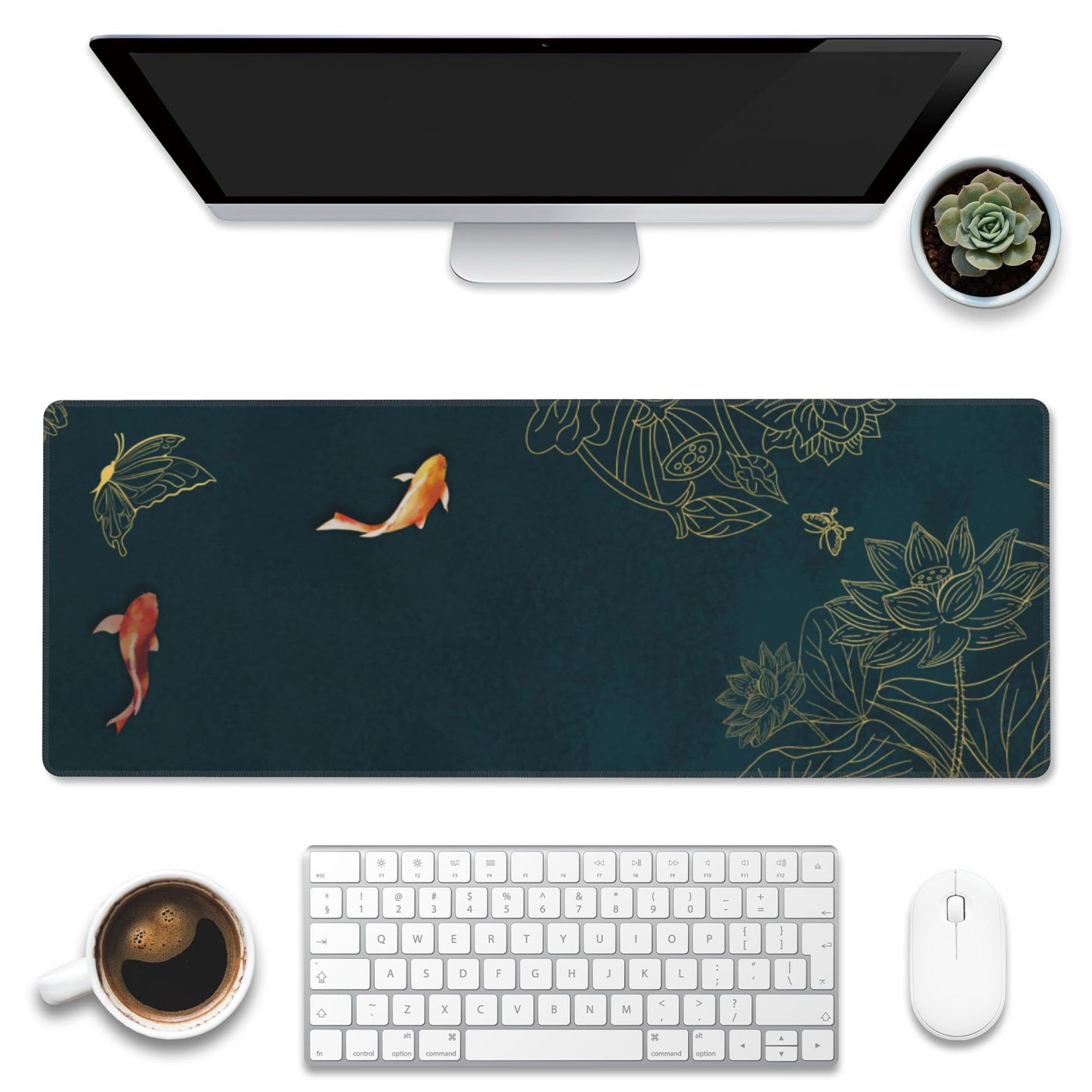 Eflxamz Large Gaming Mouse Pad, Koi Fish Ink Painting Desk Mat, Golden Line Lotus Desk Pad, Extended Big Computer Keyboard Mouse Pad with Non-Slip Base and Stitched Edge, 31.5"x11.8"