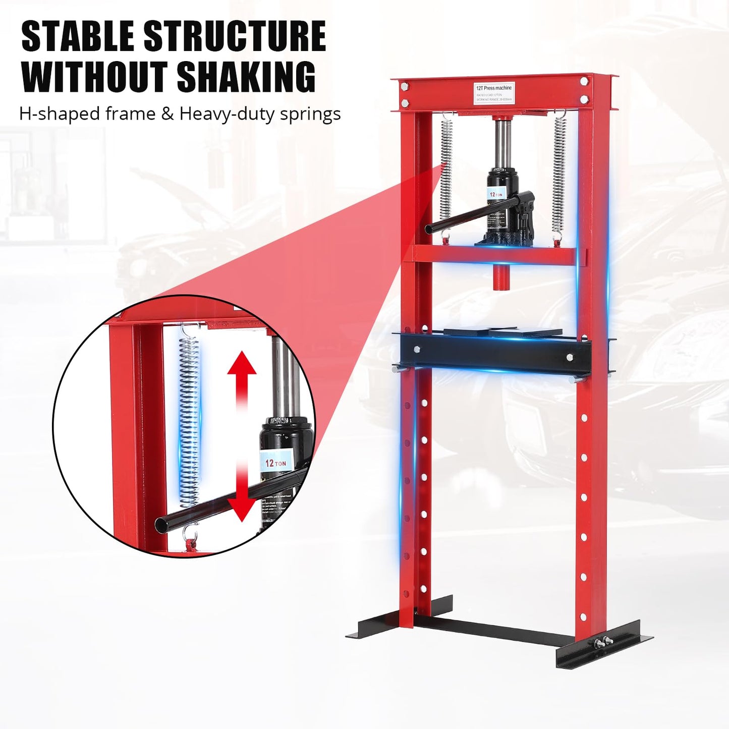 12 Ton Hydraulic Press, H-Frame Garage Floor Shop Press with Press Plates, Heavy-Duty Adjustable Hydraulic Shop Press, for Auto Bending Stamping, Red