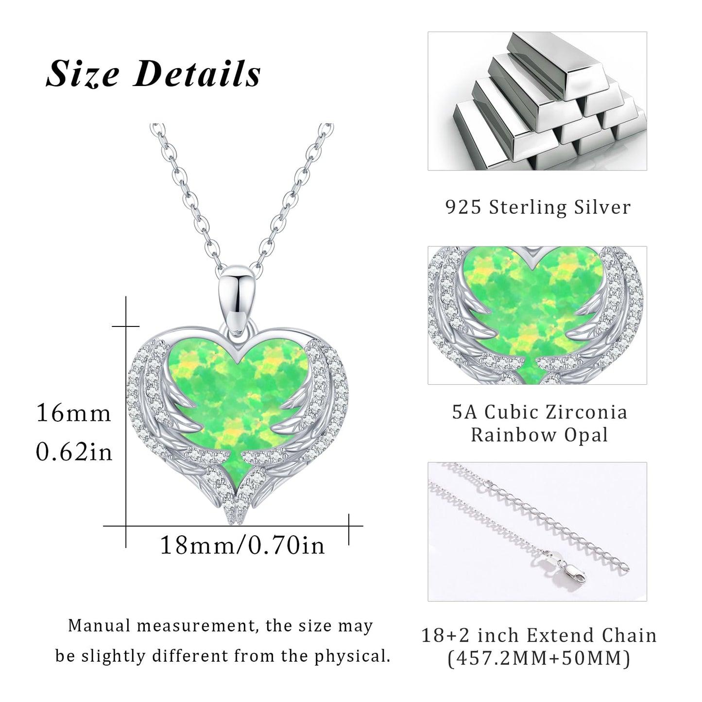 CUOKA MIRACLE Heart Necklace Angel Wing Heart Opal Necklace 925 Sterling Silver Women Necklace Guardian Angel Wings Pendant Necklace Dainty Opal Jewelry Birthday Gifts for Mom Women (Green Opal Wings)
