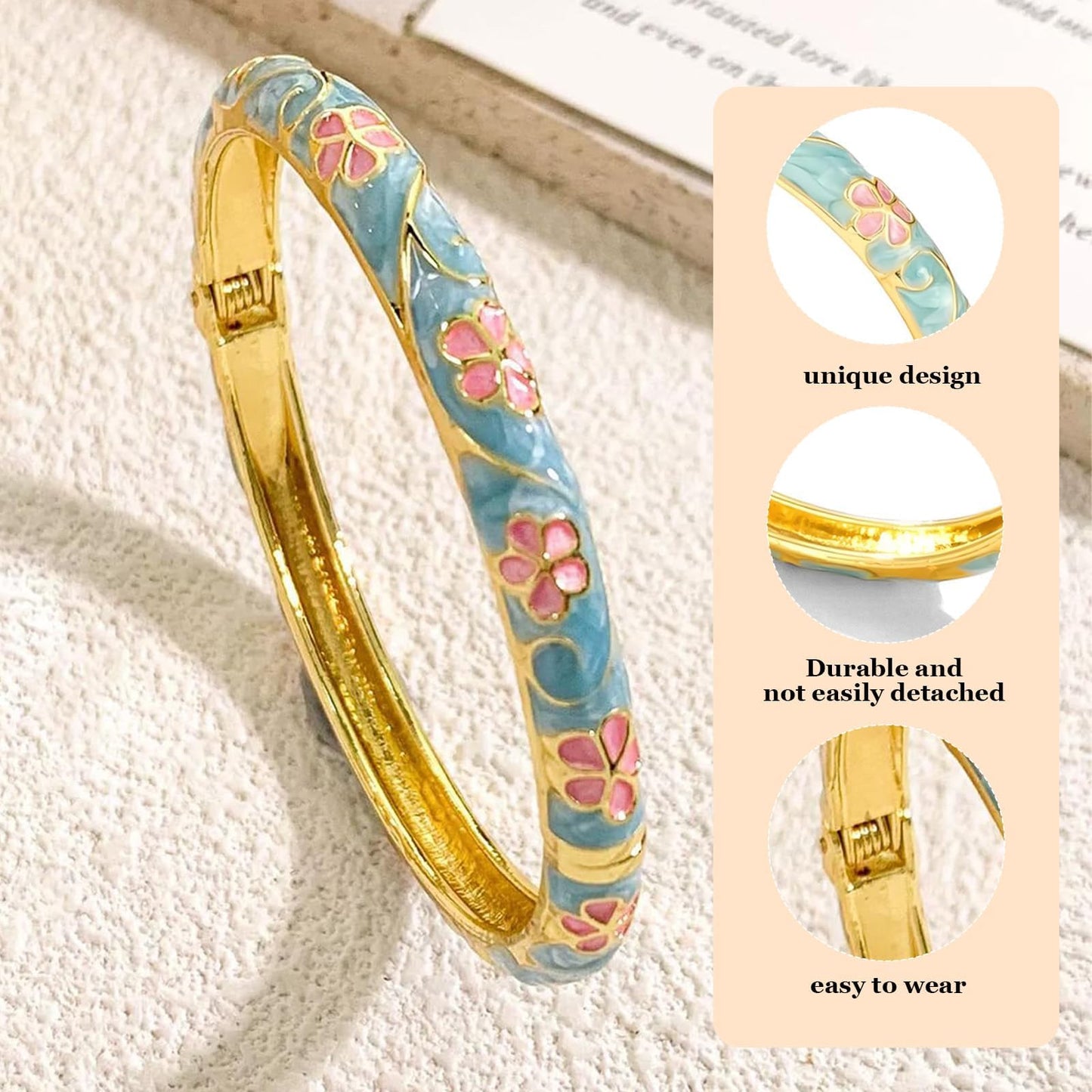 KummerSaprk Vintage Flower Bangle for Women Chinoiserie Cloisonne Bracelet for Women Trendy Women's Bangle Bracelets Cloisonne Jewelry Gifts