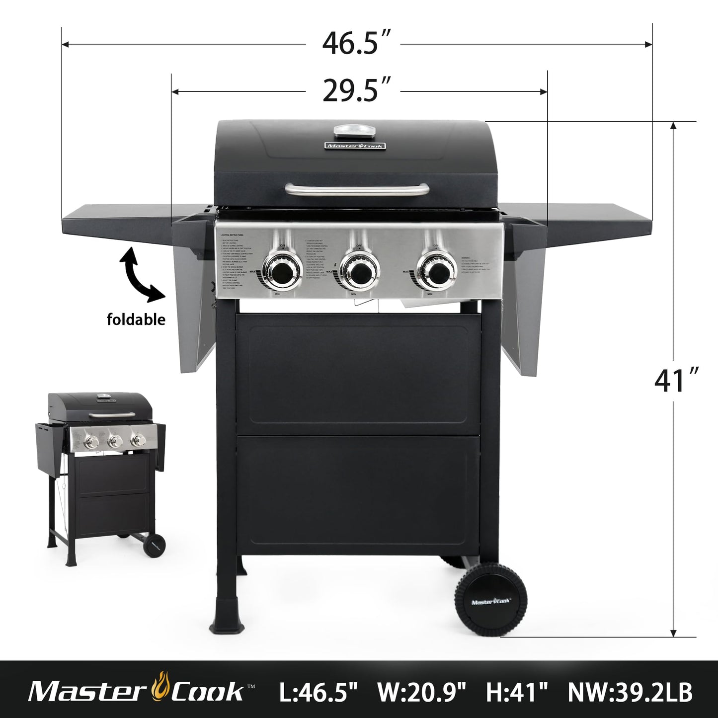 MASTER COOK 3 Burner BBQ Propane Gas Grill, 472 Sq. In. Cooking Area, 30,000 BTU Stainless Steel Barbecue Grill with Two Foldable Shelves for Outdoor Patio, Backyard