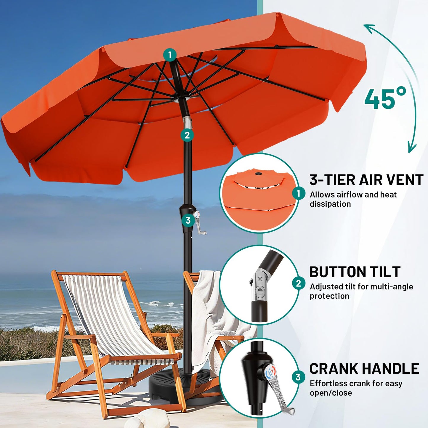 AreShark 9FT 3-Tiers Patio Umbrella with Valance, Outdoor Umbrellas with Crank/Tilt, Table Market Umbrella Vented w/ 8 Sturdy Ribs for Garden, Deck, Backyard, and Pool, Orange