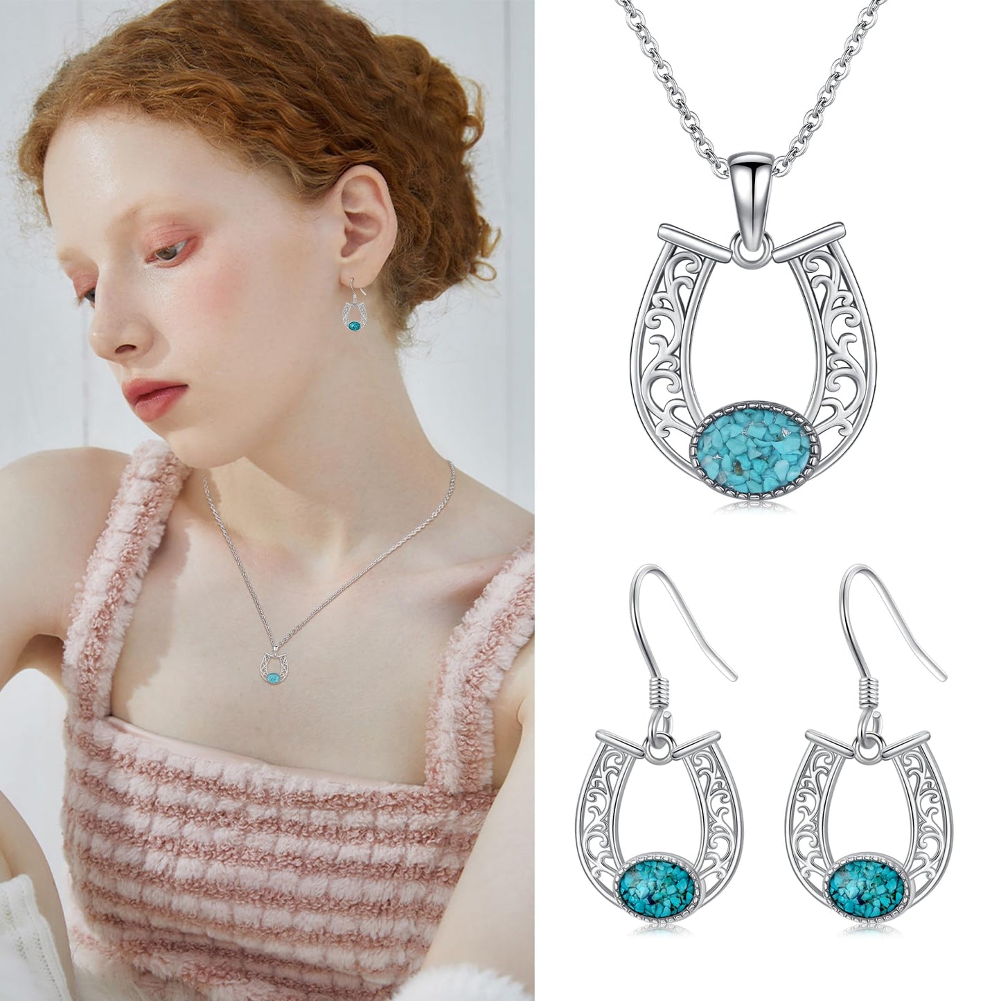 KoyeKei Horseshoe Earrings Gifts for Mom 925 Sterling Silver Turquoise Horseshoe Dangle Drop Earrings Western Country Jewelry Horse Graduation Gifts for Women Her