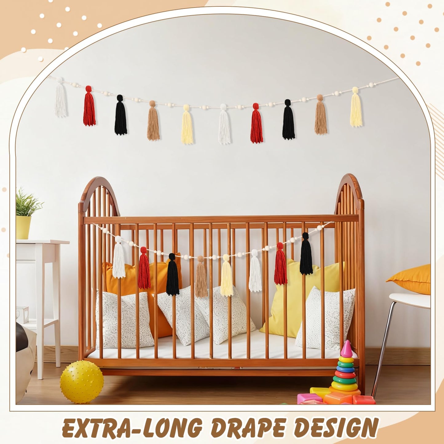 Suncalla 2 Pcs Tassel Garland with Wood Beads, 6.89 ft Handmade Cotton Yarn Wall Hanging Banner Boho Tassel Wall Party Decor for Nursery Baby Shower Classroom Birthday Home Decoration(Retro)