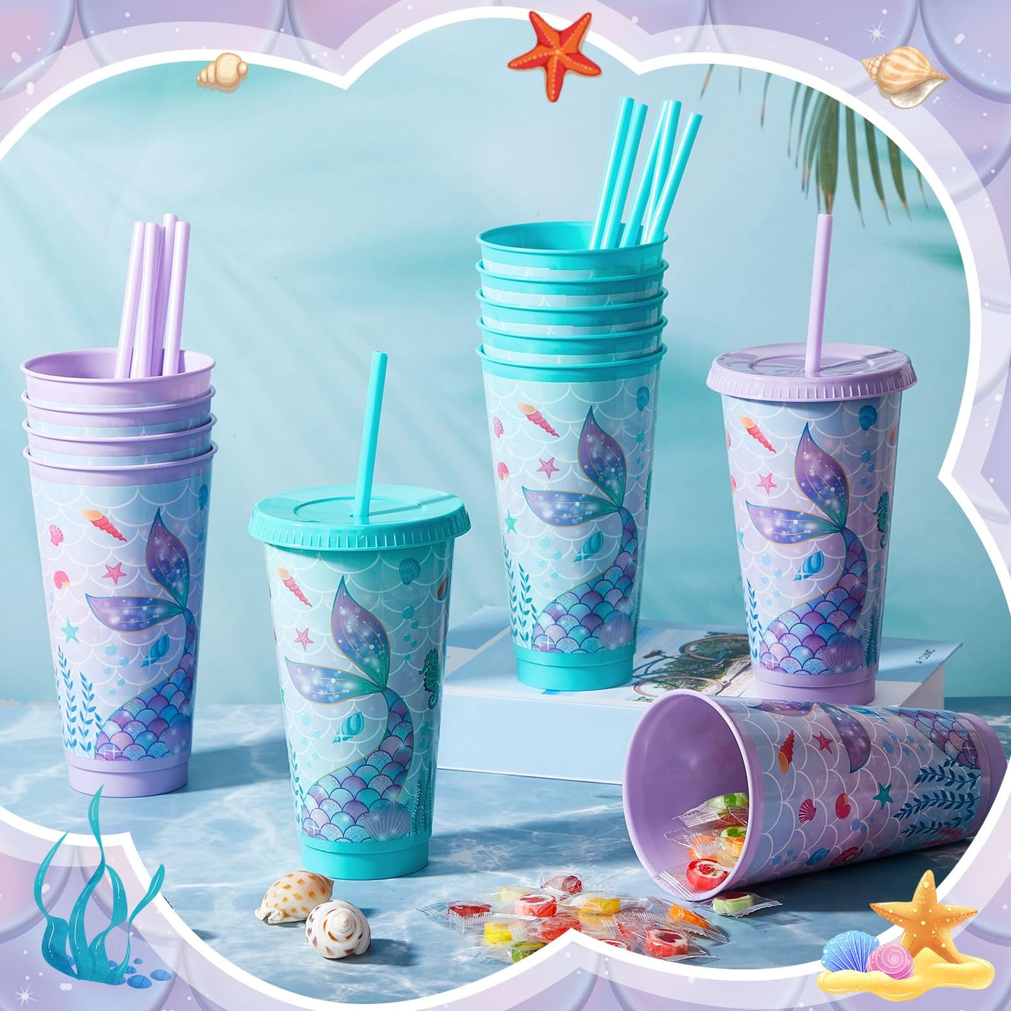 Uiifan 24 Pcs Mermaid Party Cups with Lid and Straw 24oz Mermaid Birthday Decorations Tail Shell Starfish Reusable Cup for Birthday Baby Shower Ocean Party Supplies