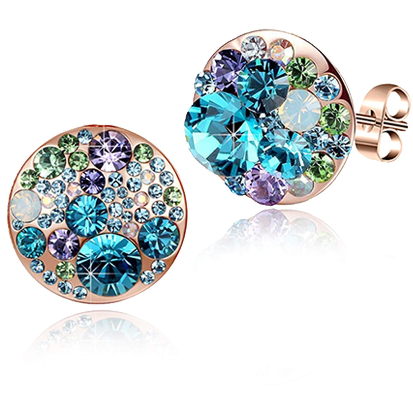 Multicolored Austrian Crystal Rhinestone Stud Earrings for Women Fashion S925 Sterling Silver Hypoallergenic Jewelry (Blue Green Crystals/Rose Gold-tone)