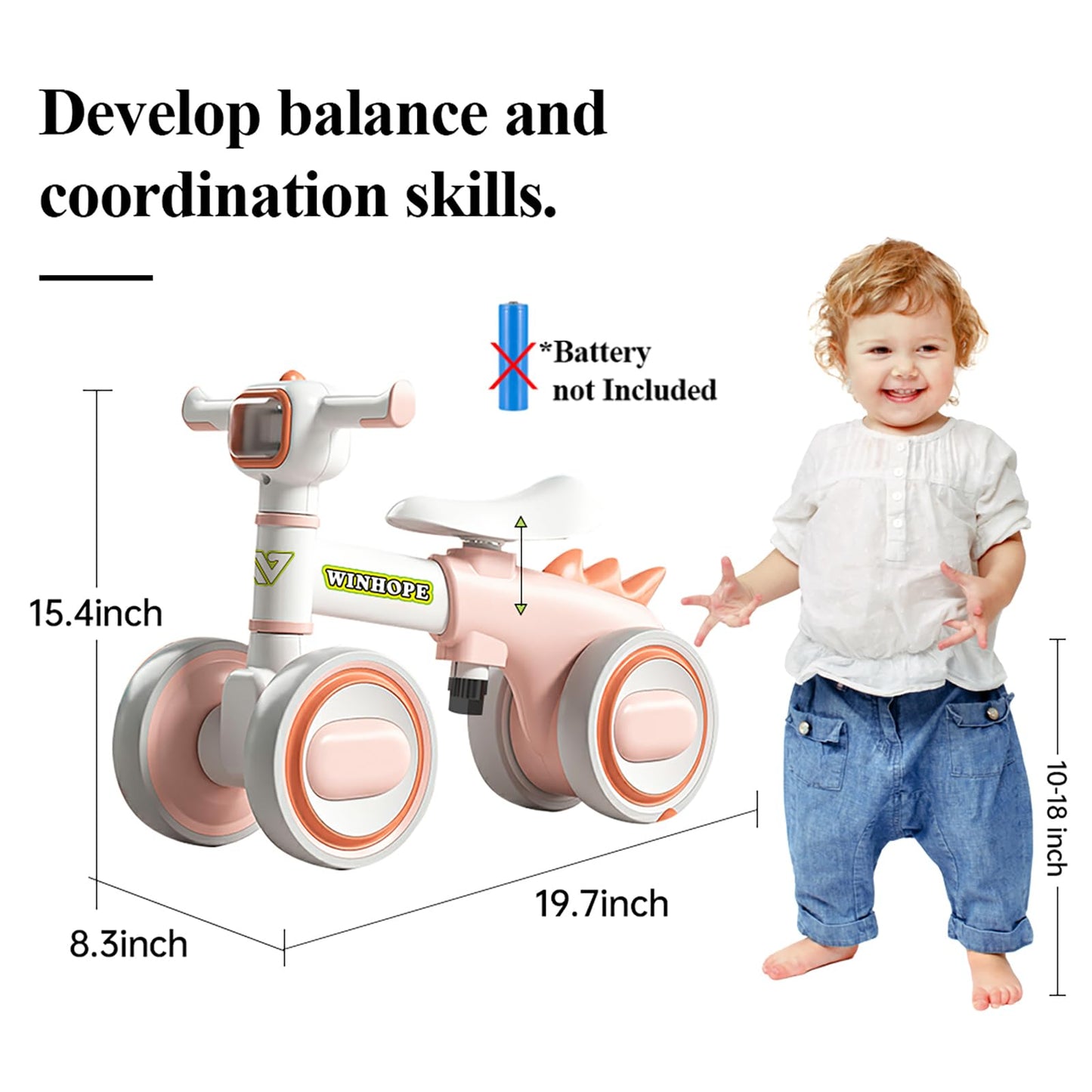 WinHope Baby Balance Bike for 1 Year Old Boys & Girls,Toddler Balance Bike for 12-36 Months Kids,4 Silent Wheels with Colorful Lights & Music,First Bicycle Ride on Toy Gifts (Pink)