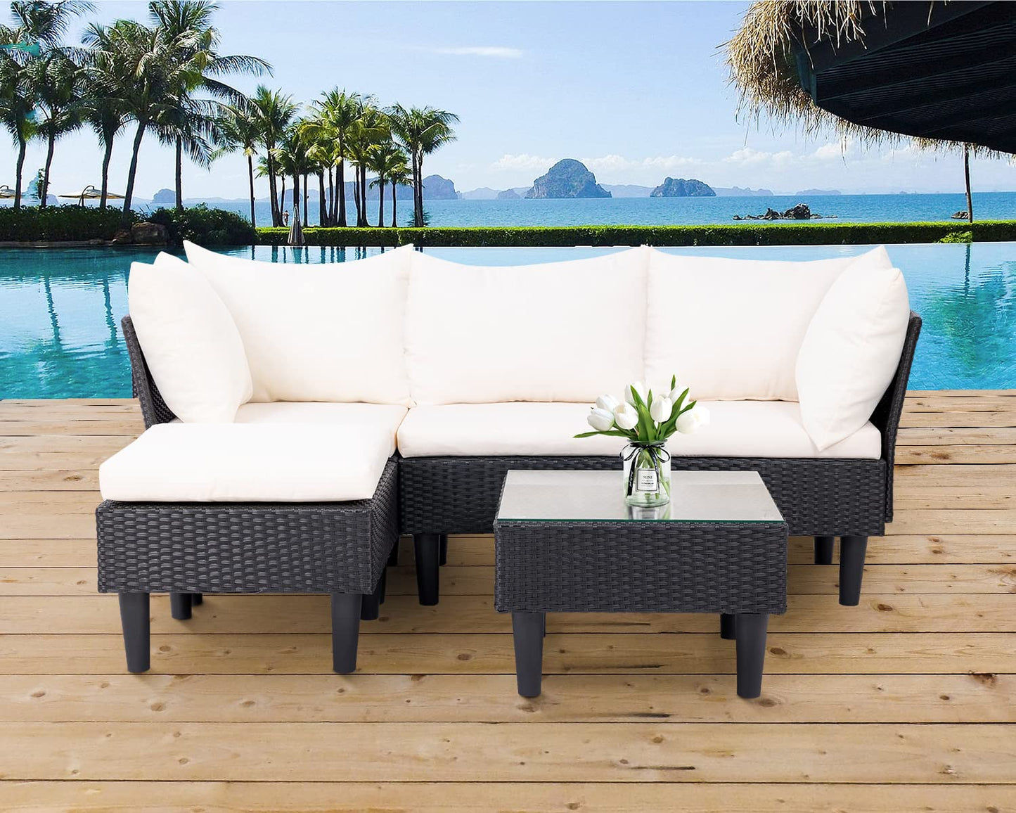 5 Pieces Patio Furniture Sets Outdoor Sectional Sofa Rattan Chair Wicker Conversation Set for Outdoor Backyard Porch Poolside Balcony Garden Furniture with Coffee Table,Khaki Cushion